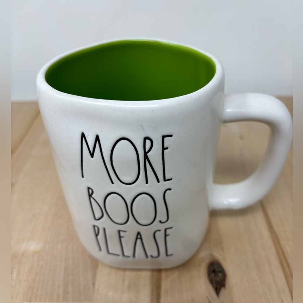 Rae Dunn MORE BOOS PLEASE Mug White with Green Interior and Black Lettering New
